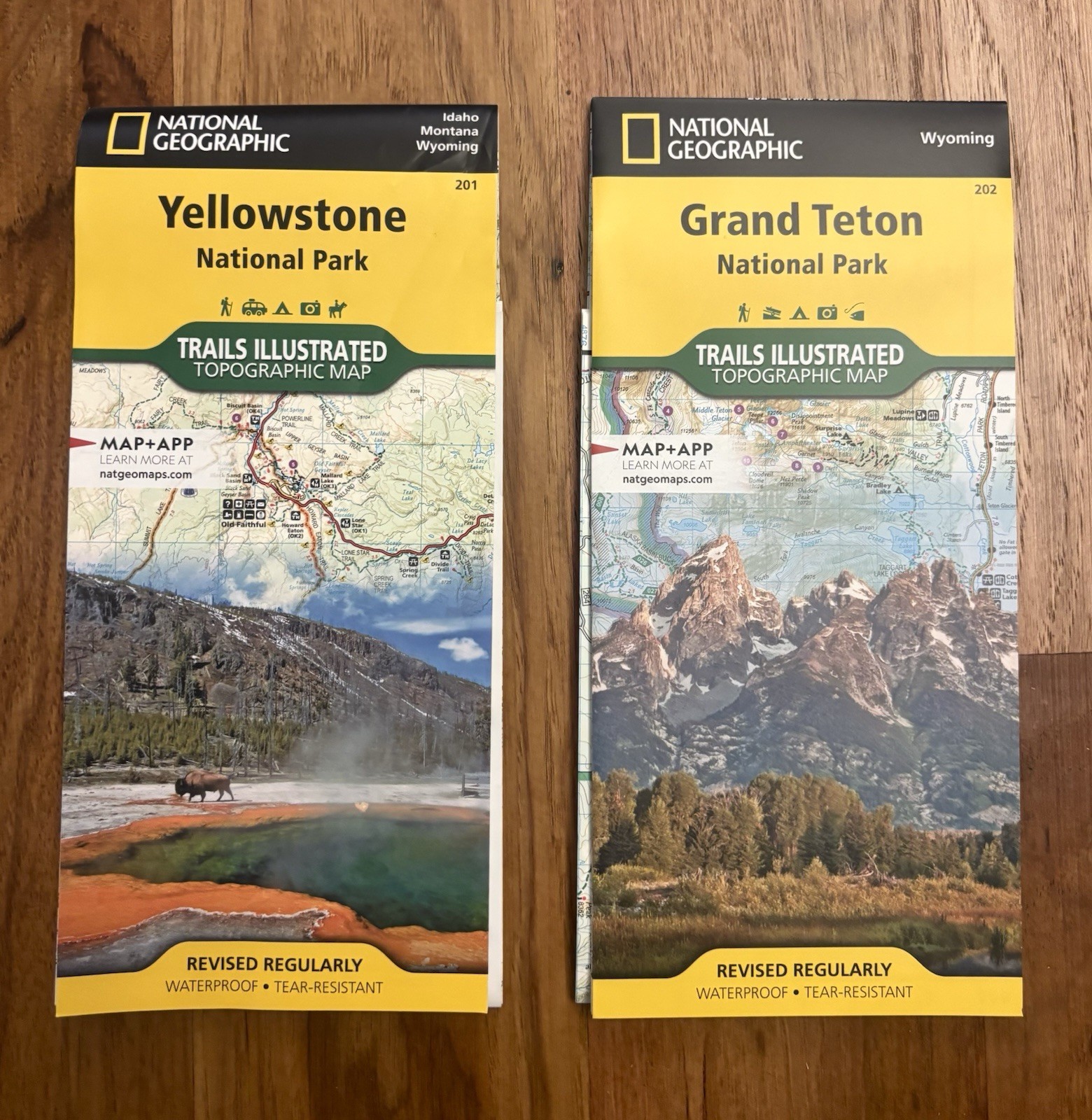 TWO National Geographic Wyoming Yellowstone Grand Teton Trail Map Topographical
