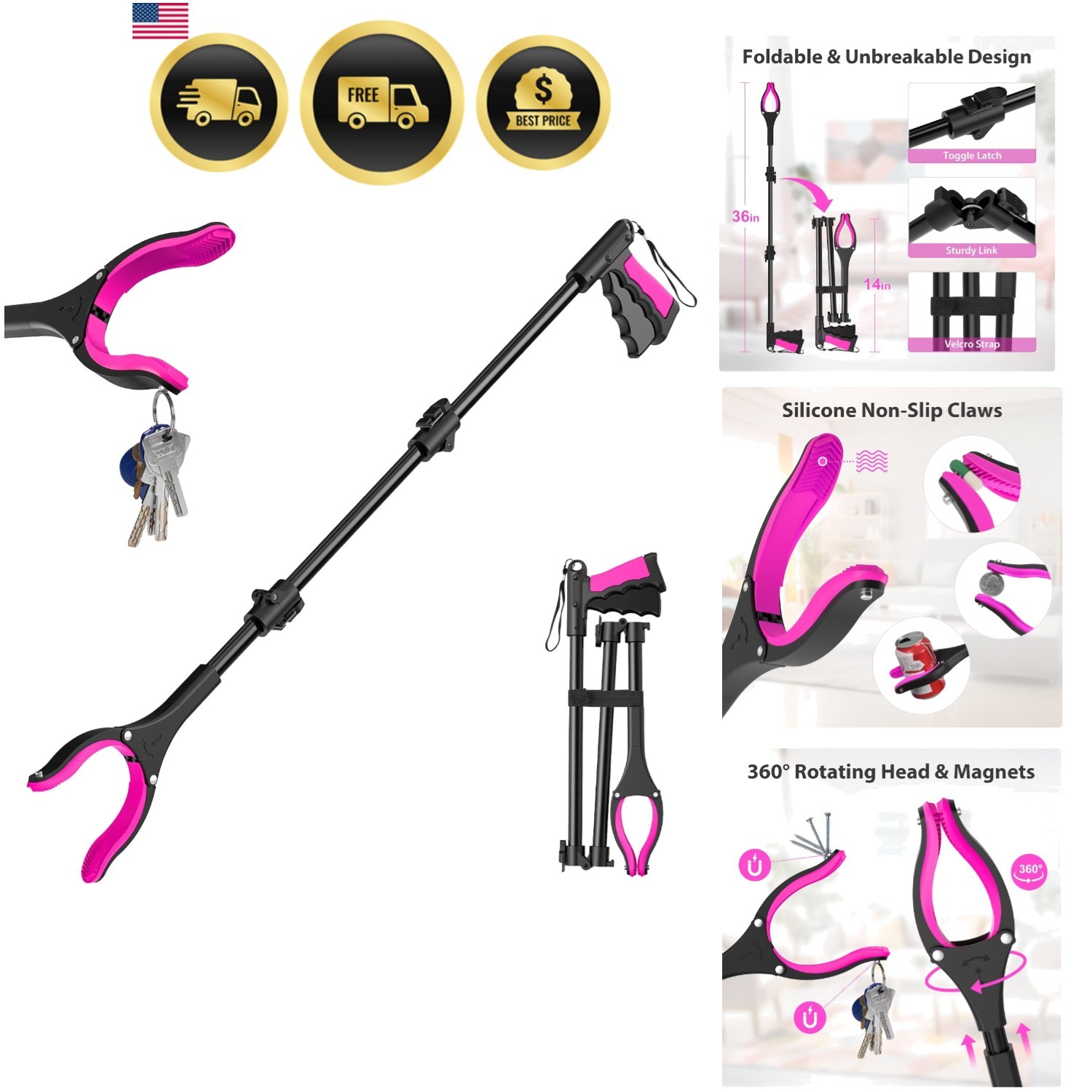 36" Grabber Reacher Tool, Foldable Reacher Grabber Pickup Tool with 360° Rota...