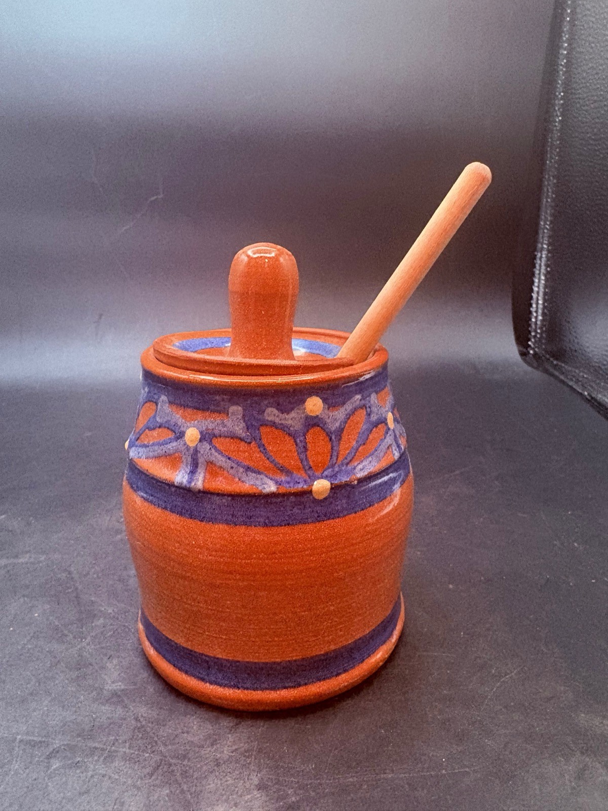 Vintage PFAFFE TerraCotta &  Blue Folk Art Pottery Honey Dipper Pot
