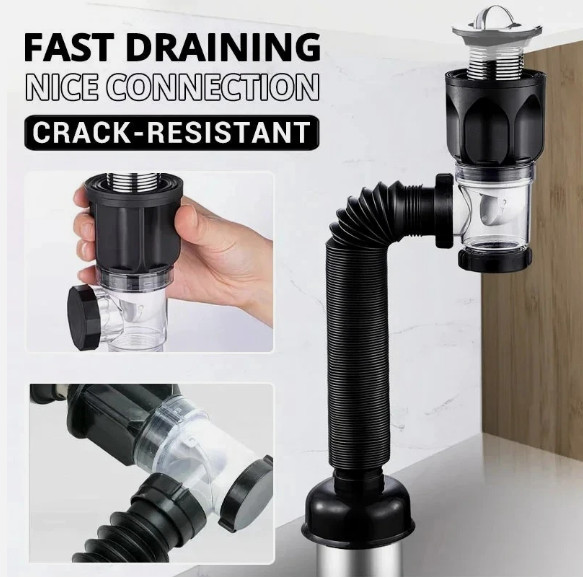 Black Universal Sink Drain Pipe Set Retractable Deodorant Sewer Drainage Water