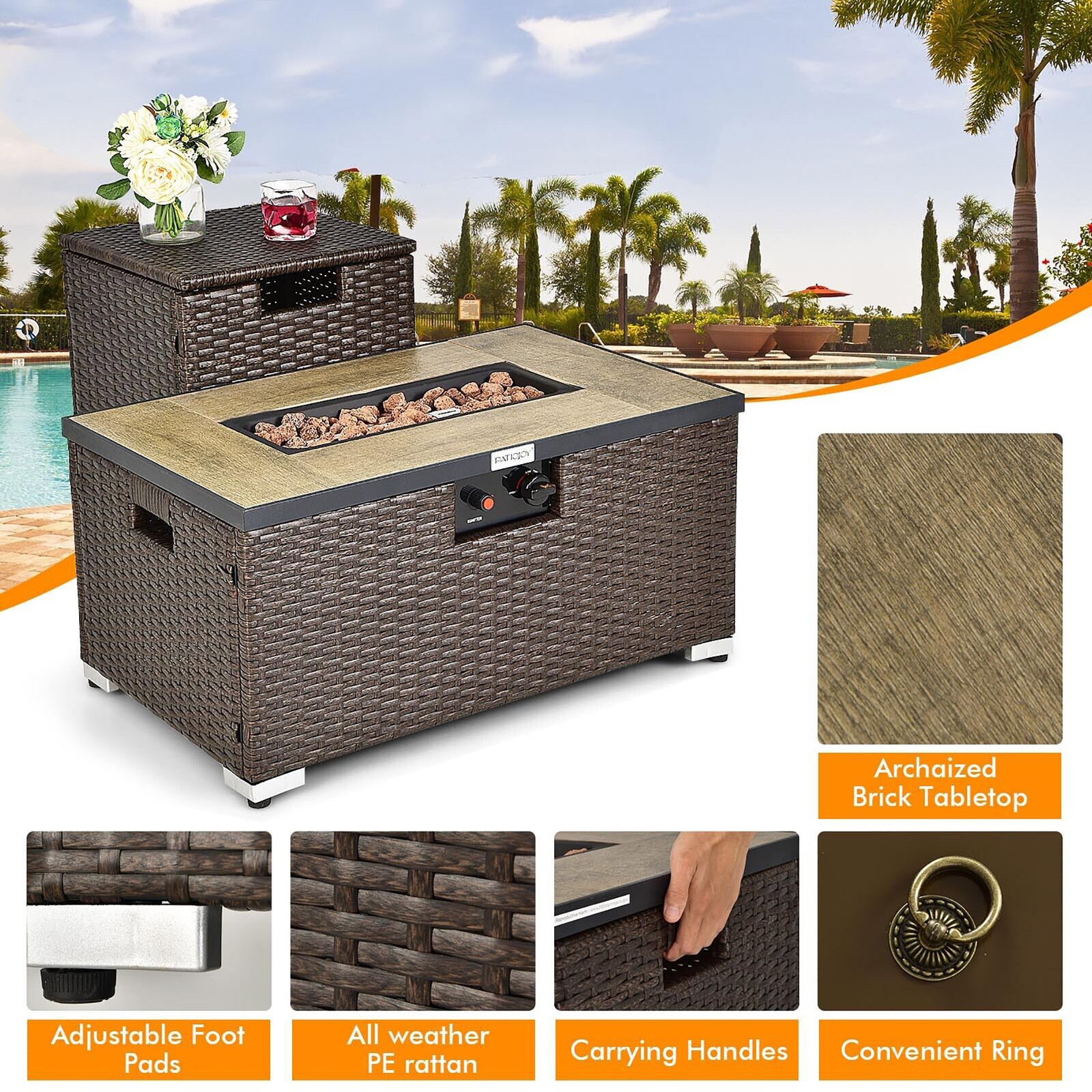 6PCS Patio Sofa & Fire Table Set Rattan Sectional Sofa Set w/Storage Box Red