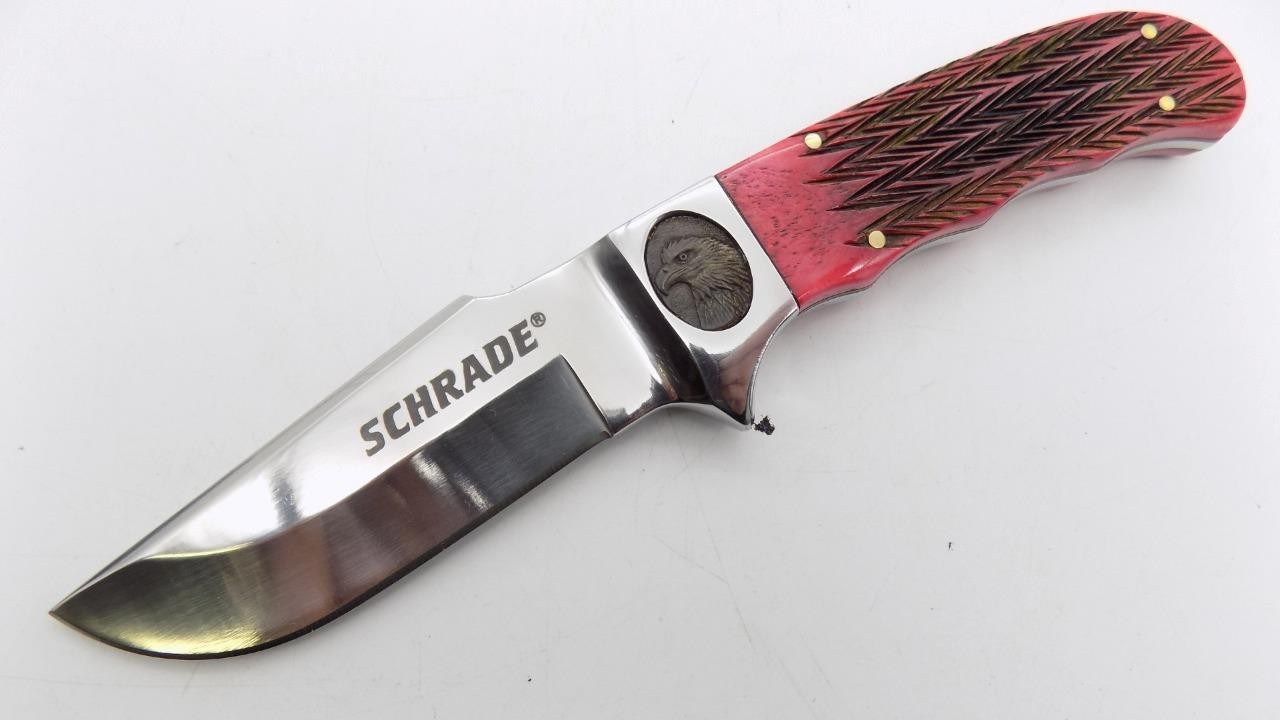 Schrade Fixed Blade 4" Hunting Knife Red Pick Bone SHD2ERPB Eagle Leather Sheath