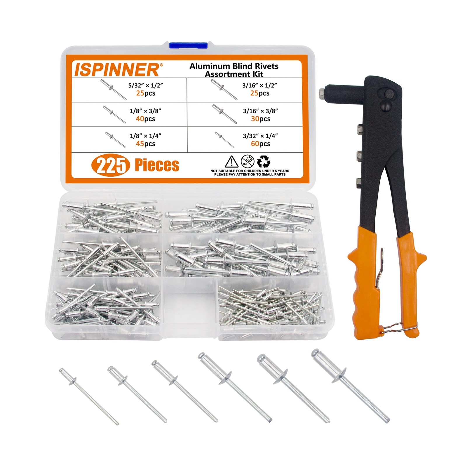 ISPINNER 225pcs Aluminum Blind Rivets Assortment Kit with Heavy Duty Hand Riv...