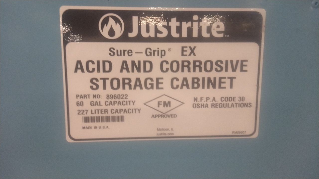 Justrite 896022 60 Gal Storage Capacity Blue Steel Corrosives Safety Cabinet