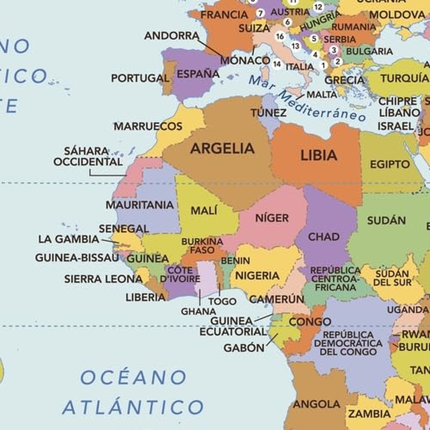 World Map with Countries in Spanish - Compact - 26 x 16 inch Poster - Front L...