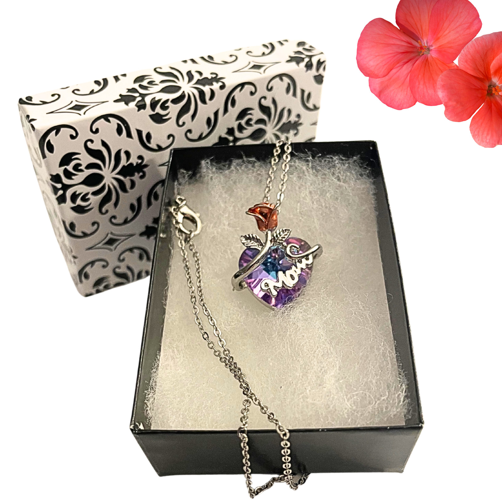 Woman Fashion Pendant Purple Heart Mom Necklace Lobster Clasp Zinc Alloy
