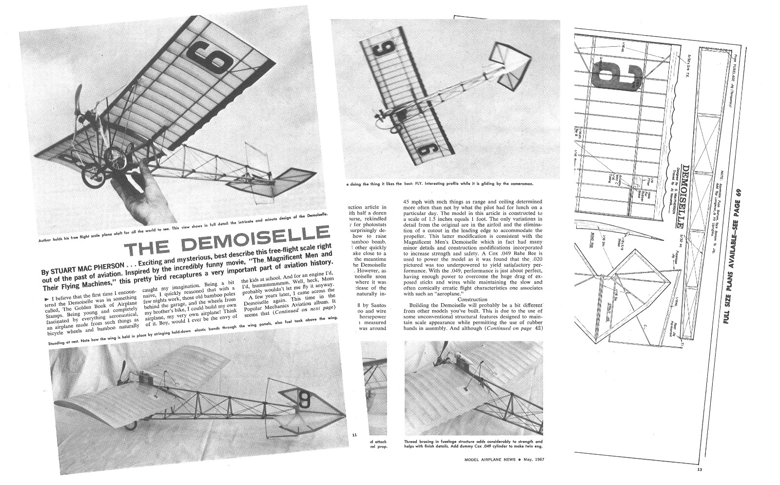 DEMOISELLE PLAN + CONSTRUCTION ARTICLE & Scale Data for 1/2A FF Model Airplane