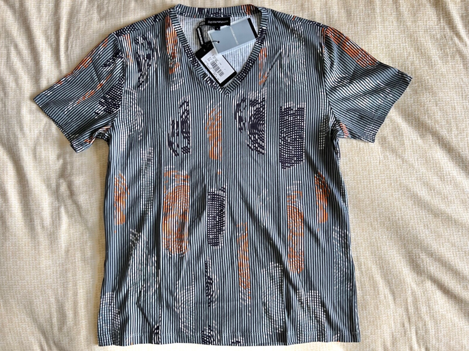 MSRP$275 NWT EMPORIO ARMANI Mens Cotton V-Neck Multicolor Striped T-Shirt Size L