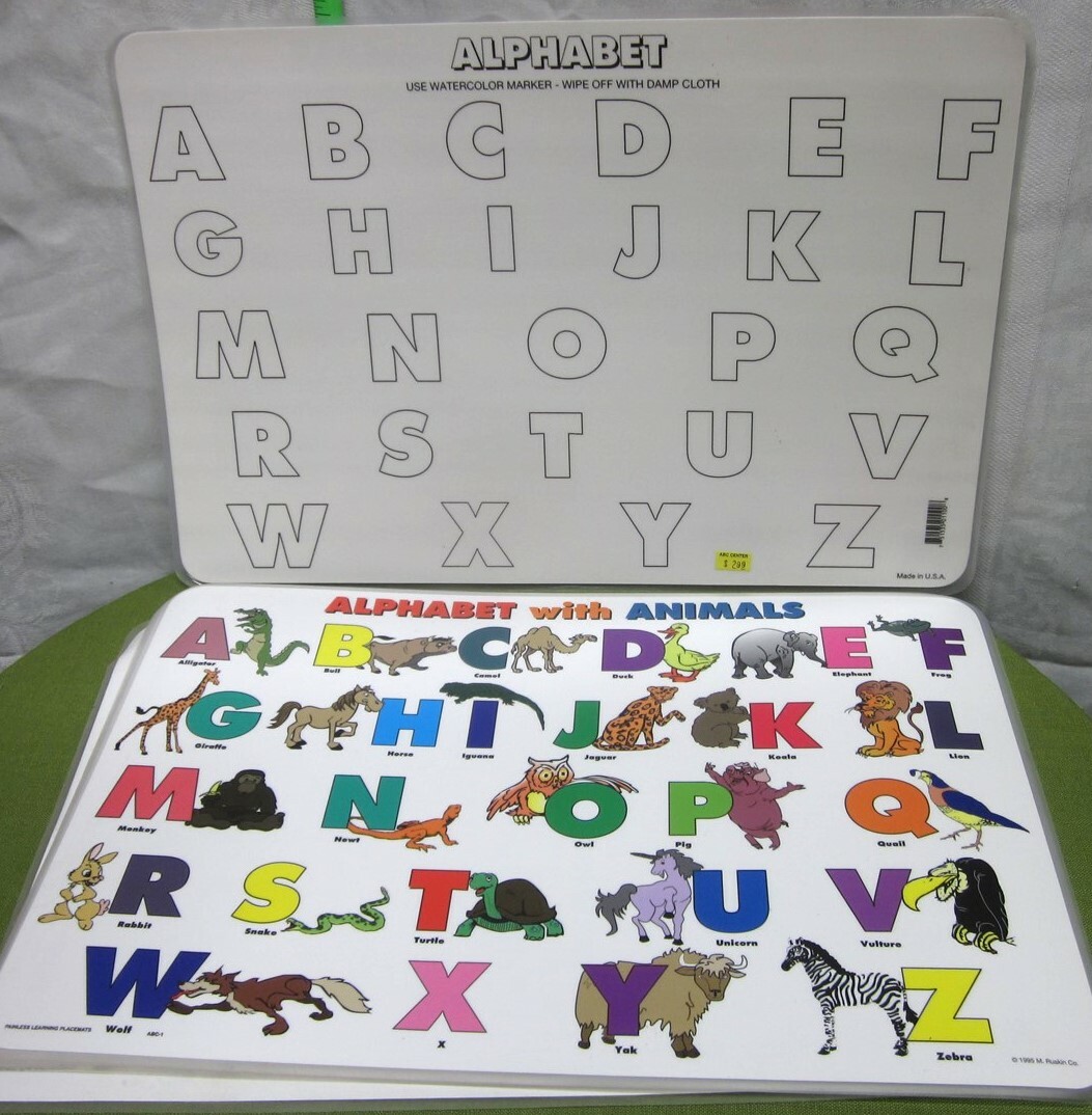 ALPHABET WITH ANIMALS educational placemat wipe-off Unicorn & Vulture learning