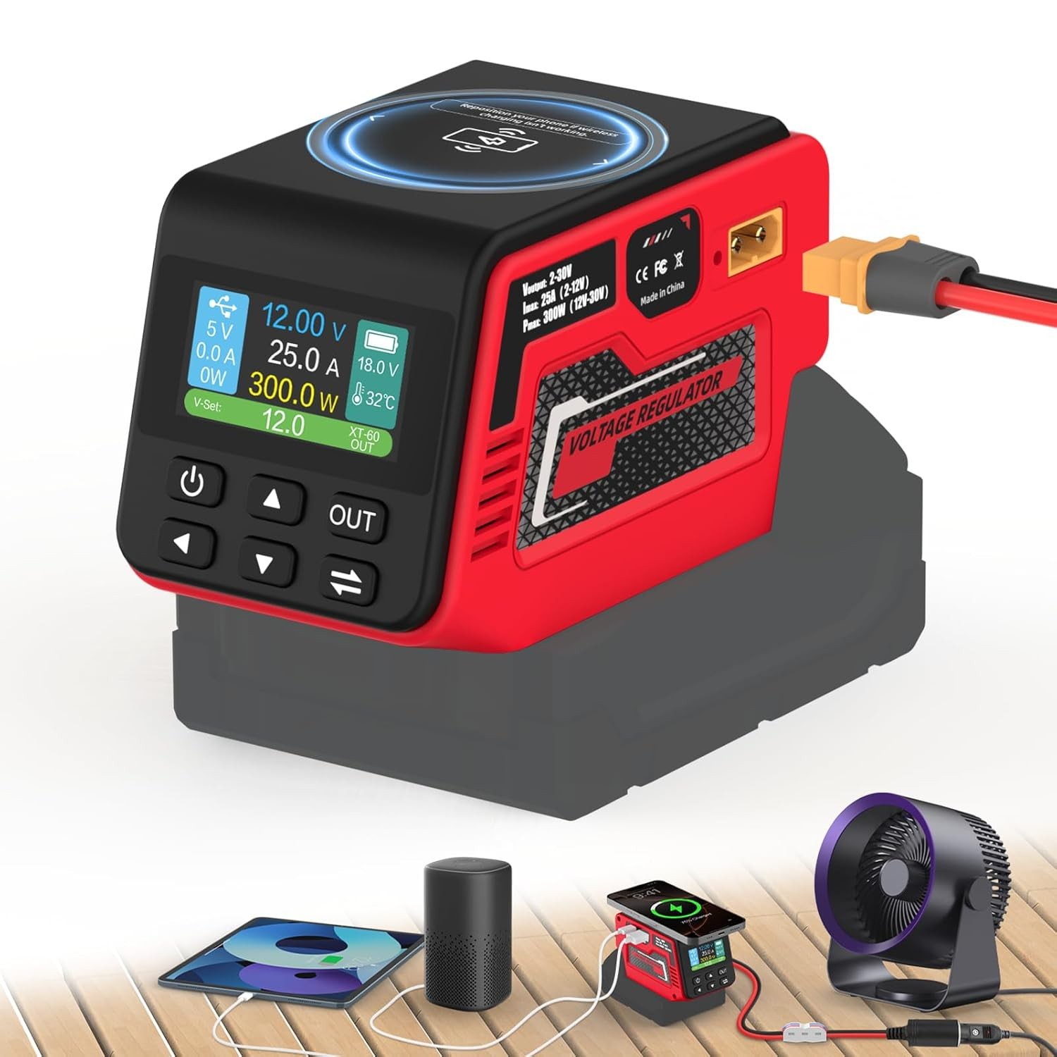 18V Battery Adjustable Voltage Regulator 300W Hisecren Wireless 2-30V Compatible