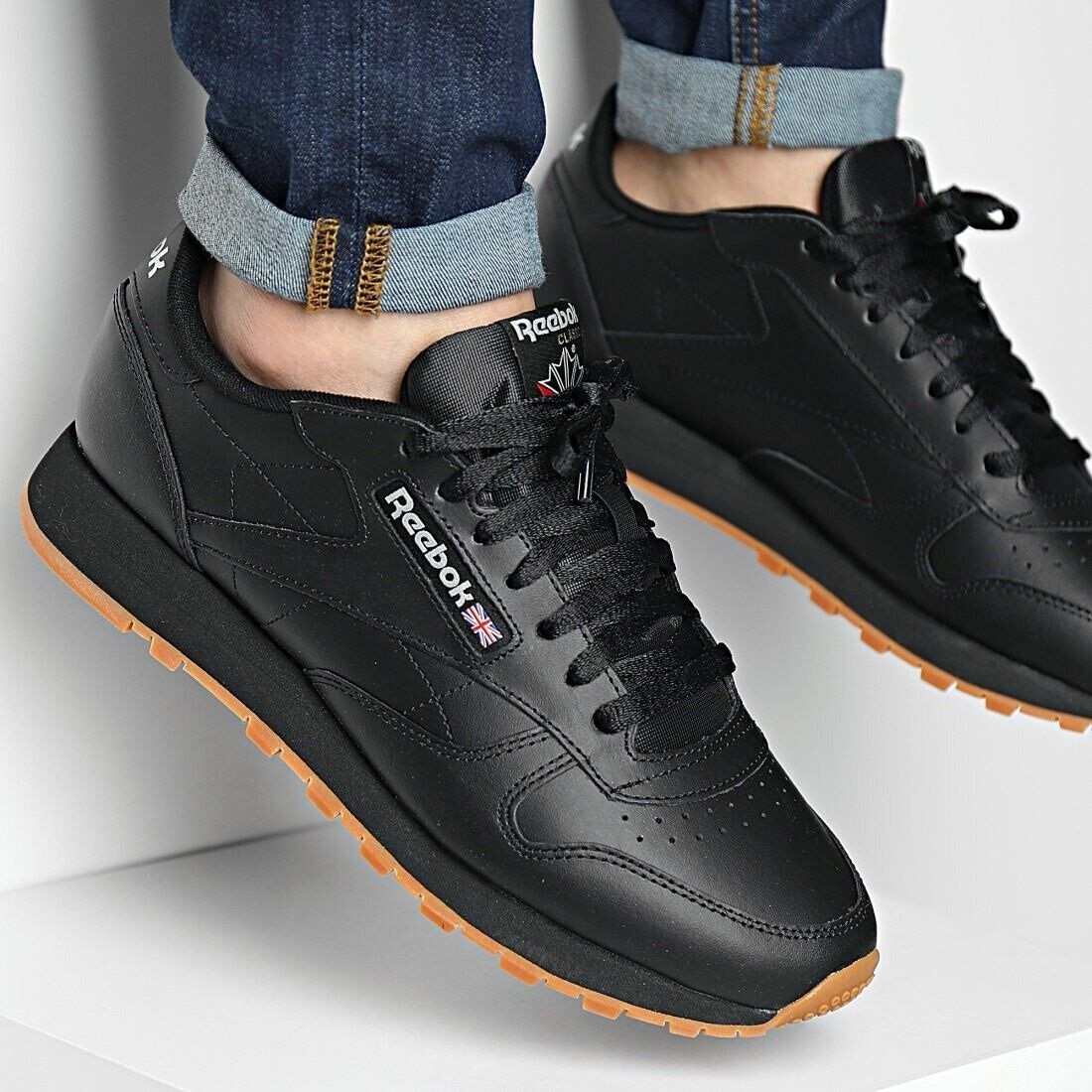Reebok Classic Leather Men's Running Shoe Athletic Sneaker Black Trainers #493
