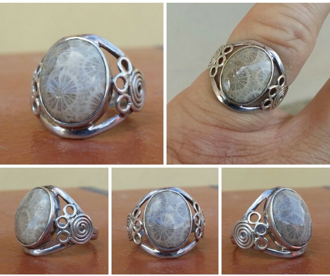 925 SILVER RING Women Coral Fossil Solitaire