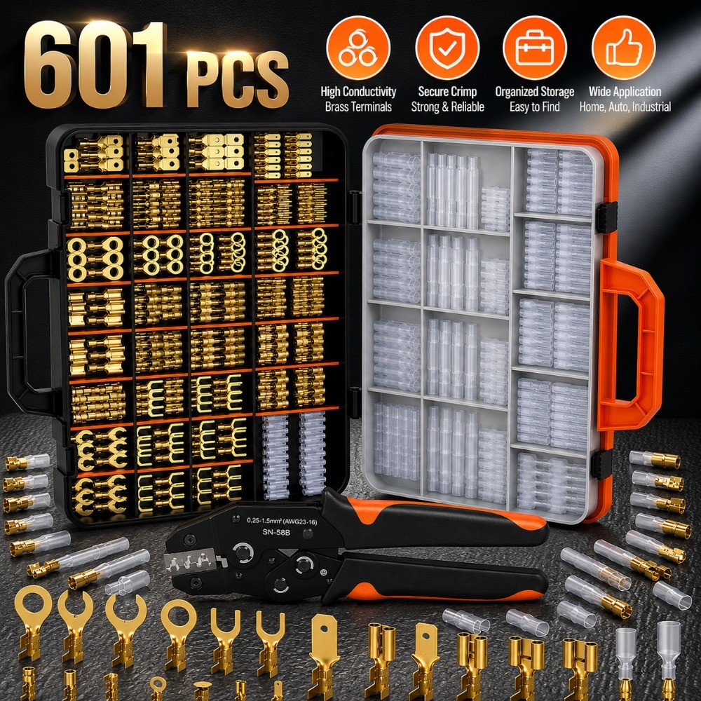 601 Pcs - Complete SN-58B Non-Insulated Terminal Crimp Clamp Kit