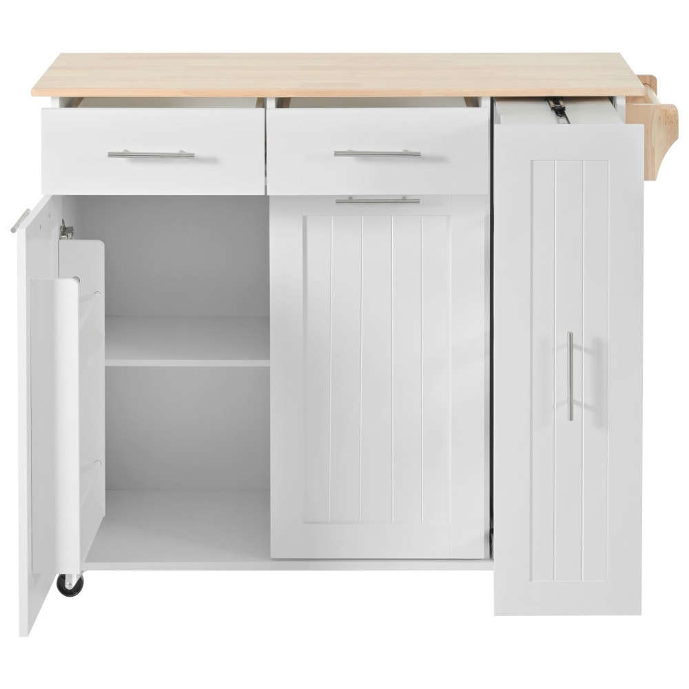 Kitchen Island with Drop Leaf with 3 Tier Pull Out Cabinet Organizer, White