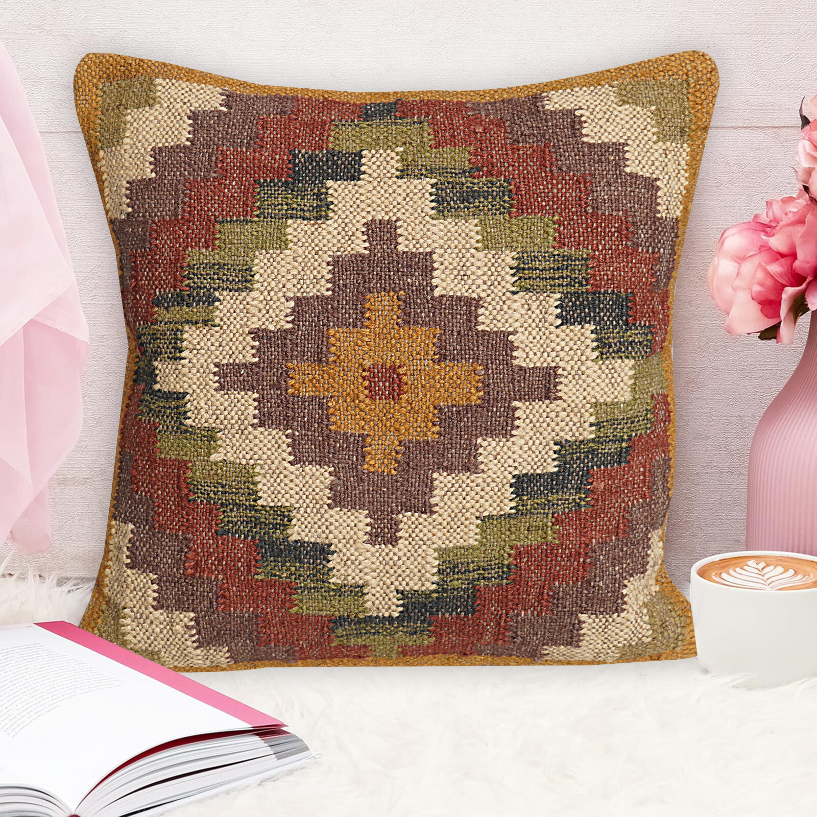 Indian Vintage Jute Kilim Throw Pillow Cover Heavy Handmade Cushion Cover 18x18