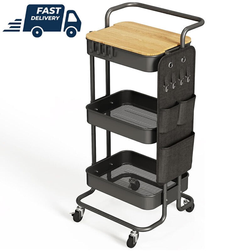 3-Tier Metal Utility Rolling Cart w/Table Top Side Bags Tray Storage Organizer