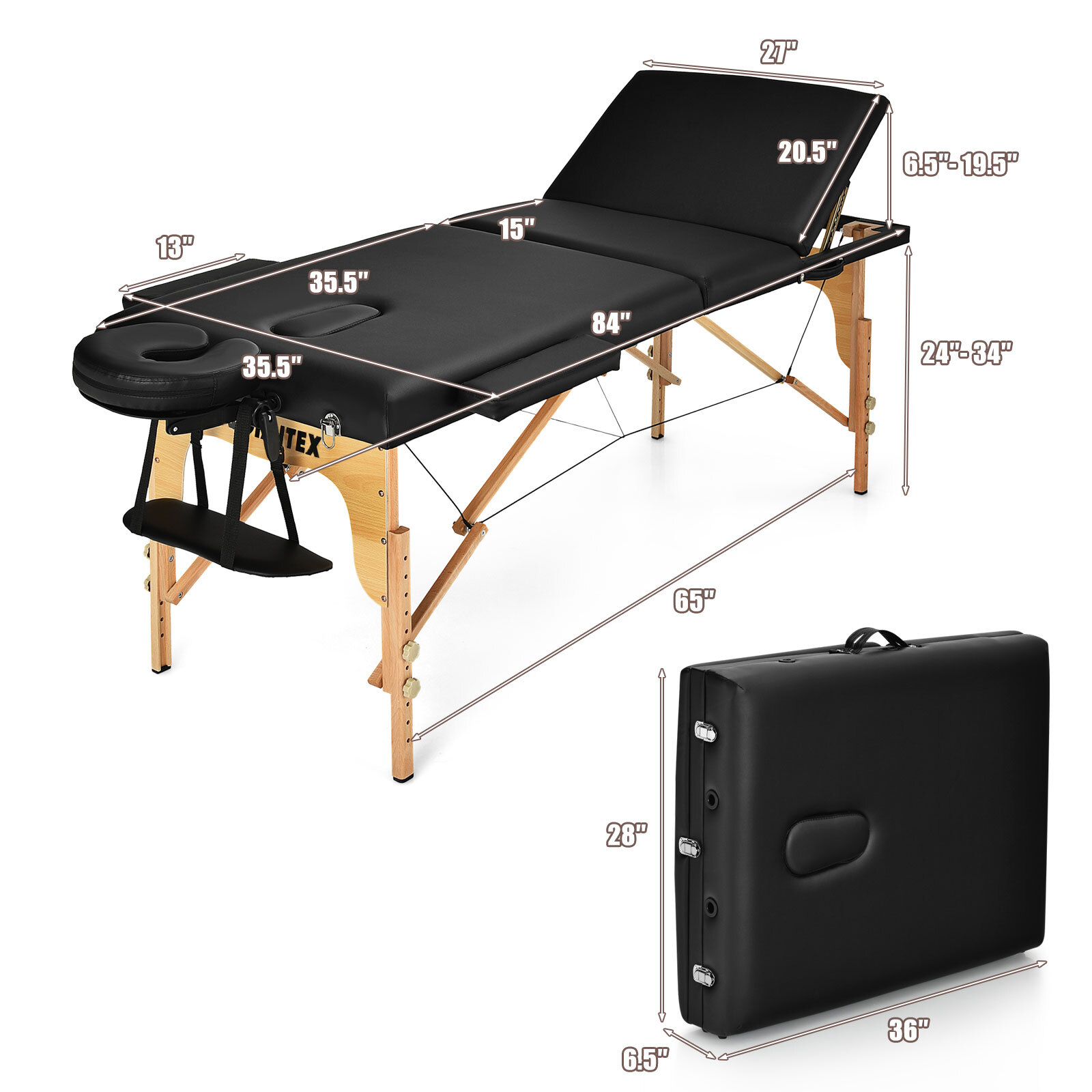 Costway Portable Massage Table 3 Fold 84"L Adjustable Spa Bed w/Carry Case Black