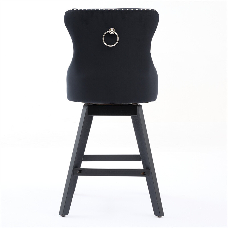 Set of 2 Swivel Velvet Barstools w/Button Tufted Decoration & Wooden Legs Black