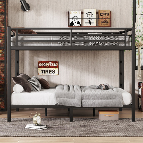 Queen over Queen Heavy Duty Metal Bunk Bed with Guardrail for Teens and Adults