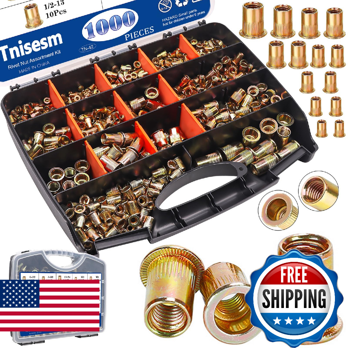 Tnisesm 1000Pcs SAE & Metric Rivet Nut Assortment Kit, Galvanized Carbon Steel F