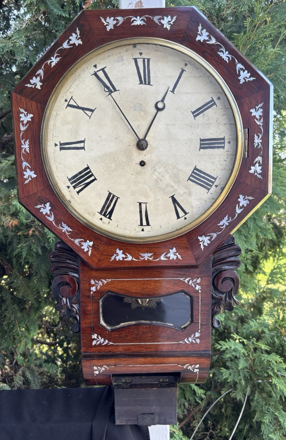 Antique C 1830 English Fusee Tavern Wall Clock MOTHER OF PEARL INLAY - SEE VIDEO