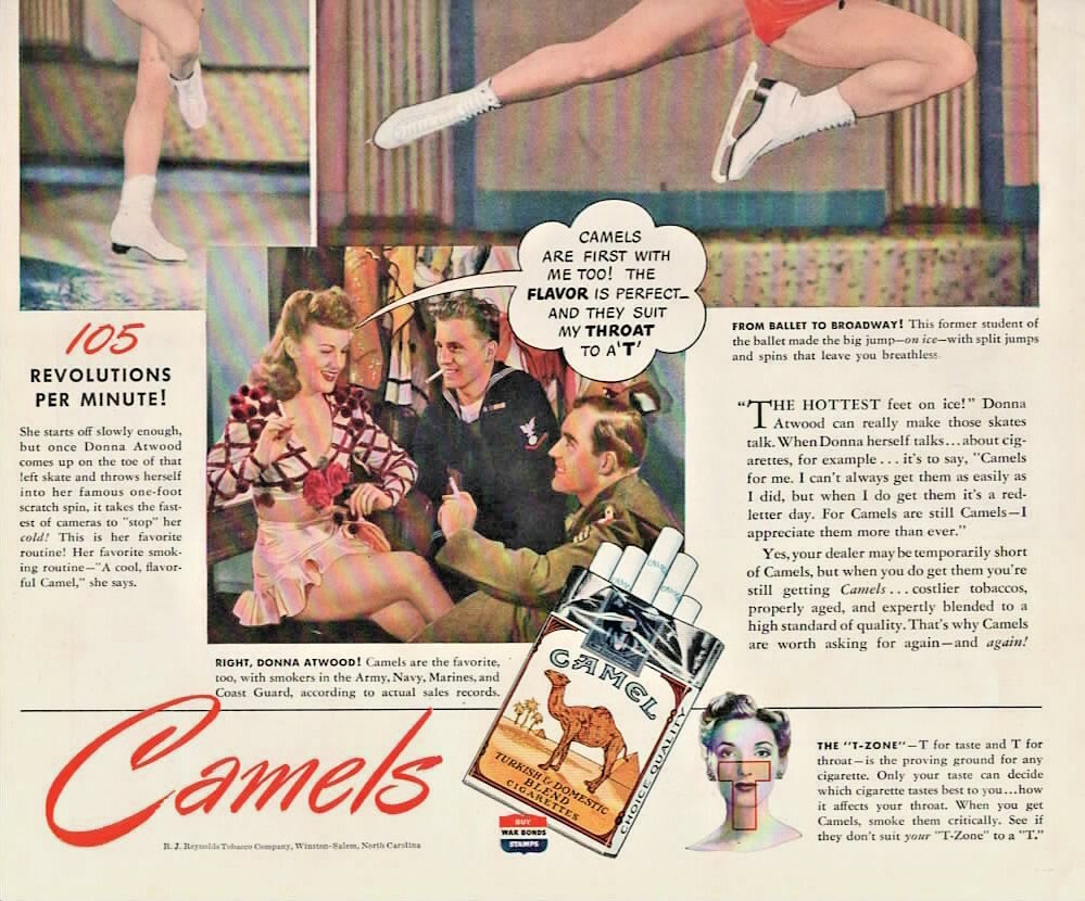 1945 Camels Cigarettes Print Ad Whirlwind On Ice Donna Atwood