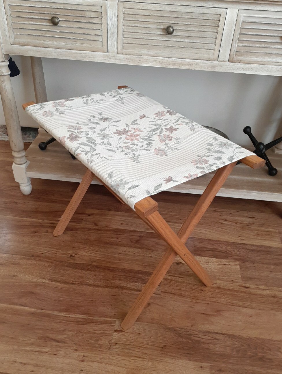 Vtg Mid Century Modern Wooden Folding Stool Table Chair Boho Floral