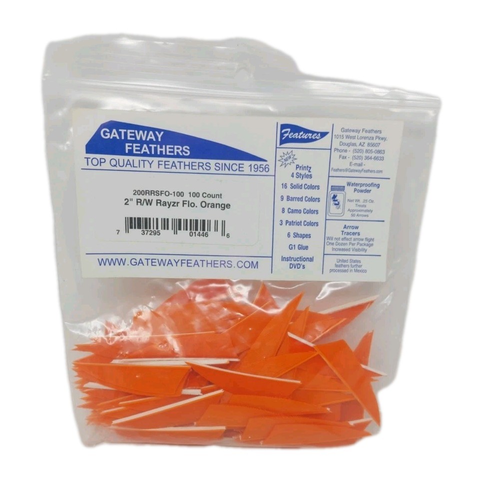 100 Pack Gateway Feathers 2" Right Wing: Rayzr Flo Fluorescent Orange 200RRSFO