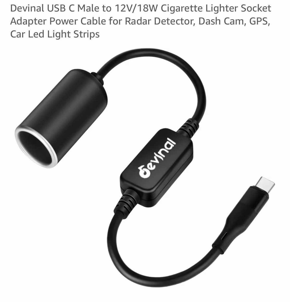 USB C Male to 12V Cigarette Lighter Socket Adapter 12V 18W Power Cable for Dash