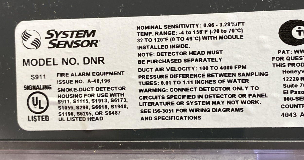 System Sensor DNR Intelligent Non-Relay Duct Smoke Detector Remote Test Capable