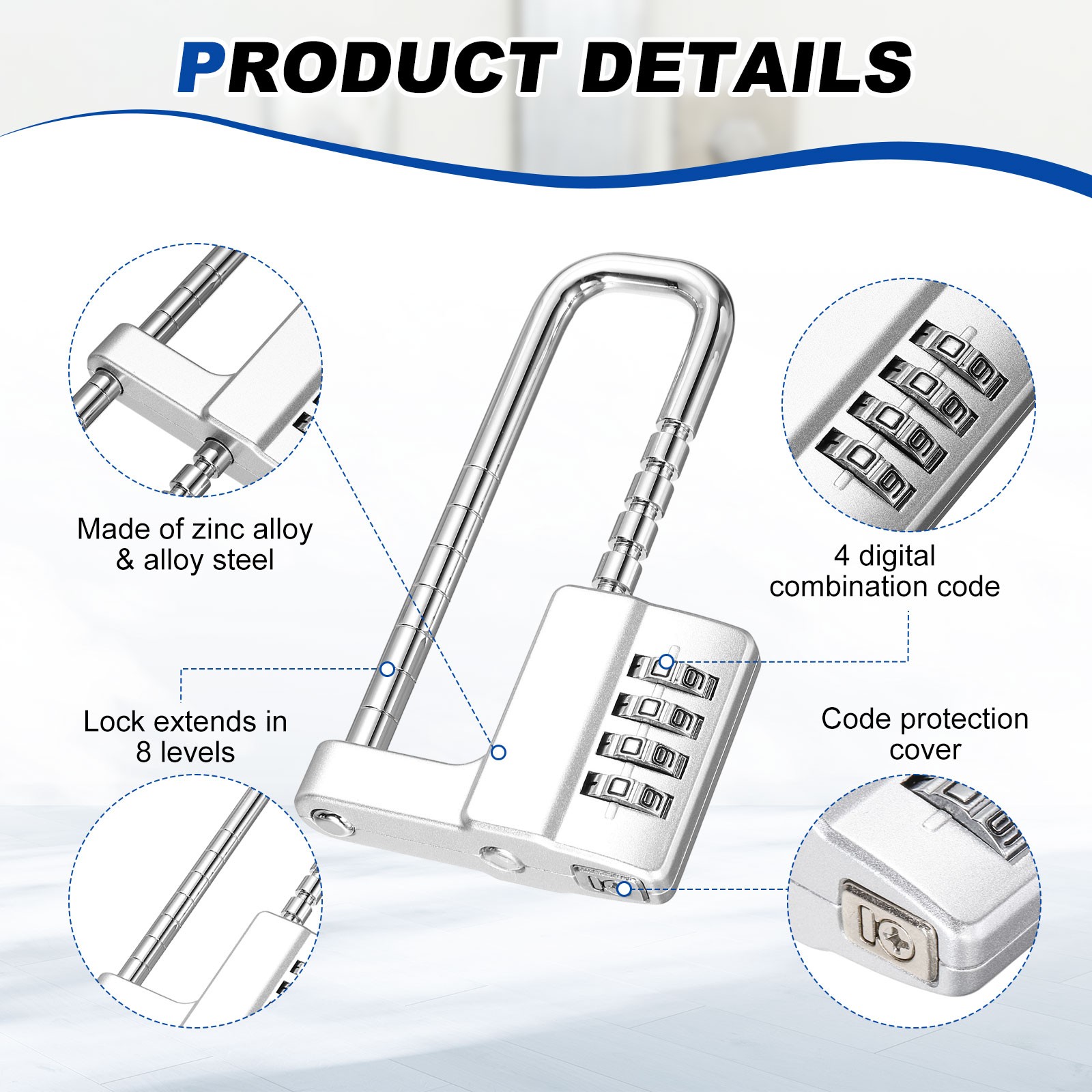 4 Digit Combination Padlock, (4.6 Inch, Silver)(2 Set), Cabinet Lock Adjustable