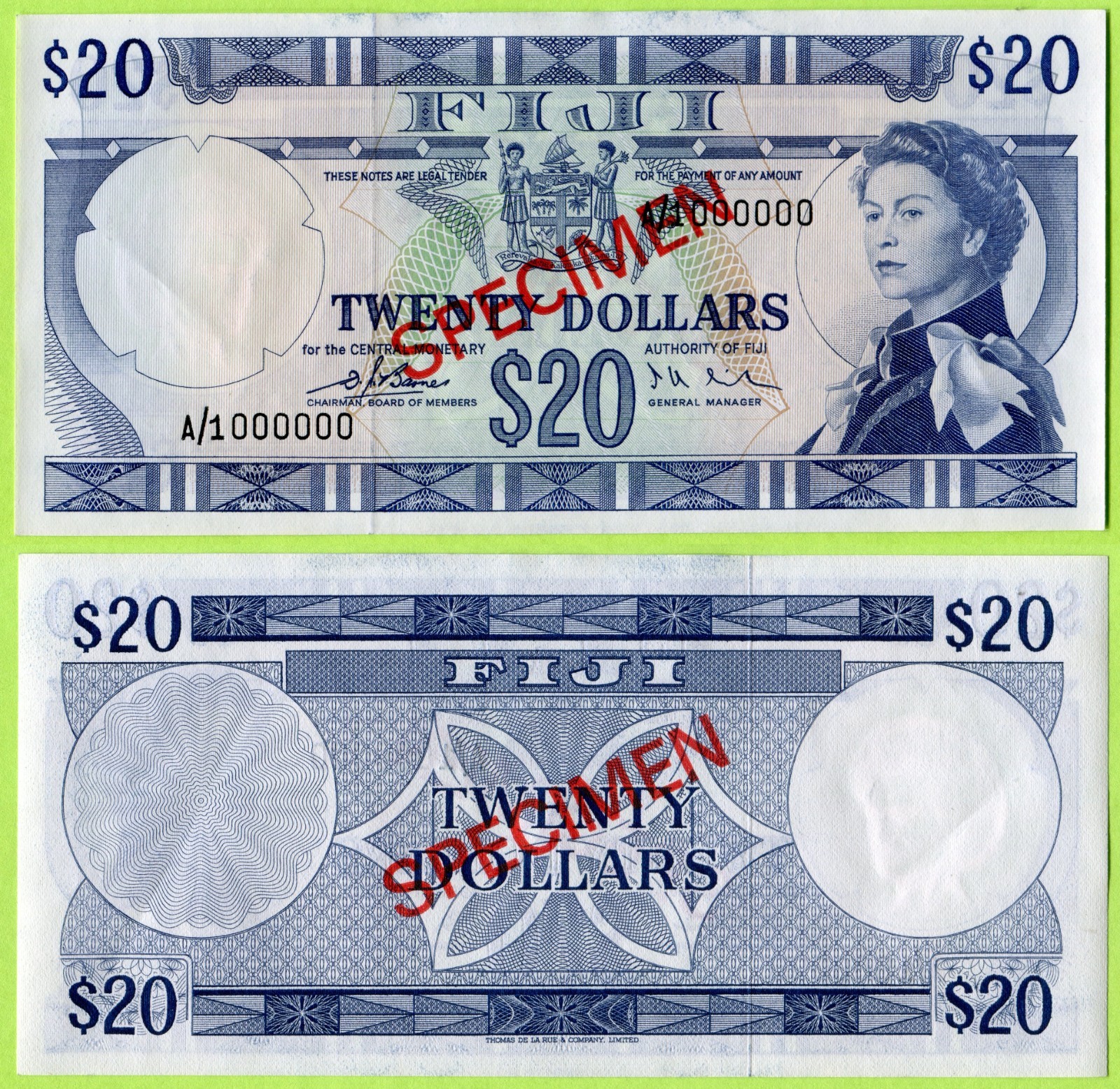 Fiji 20 Dollars ND(1974) P75as AU / SPECIMEN