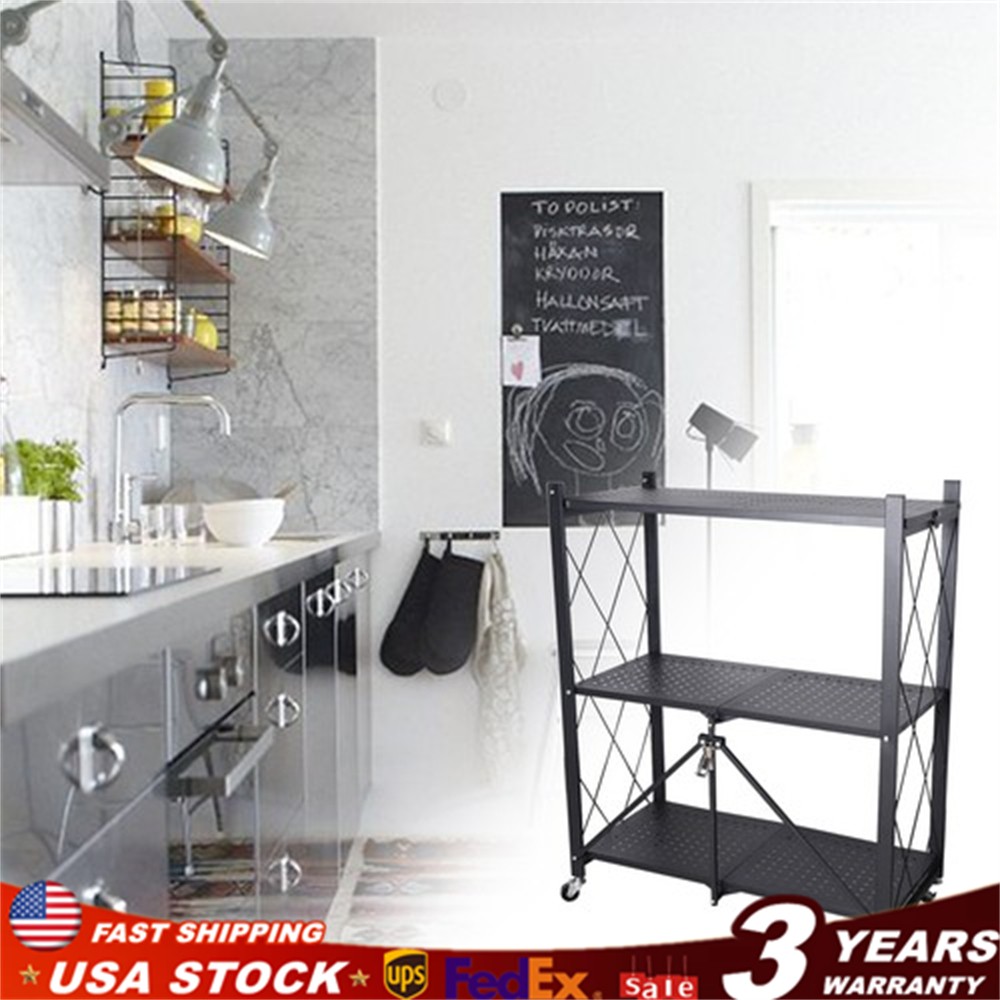 Storage 3 Tier Wide Folding Metal Shelf ,Rolling Trolley Utility Cart Black.