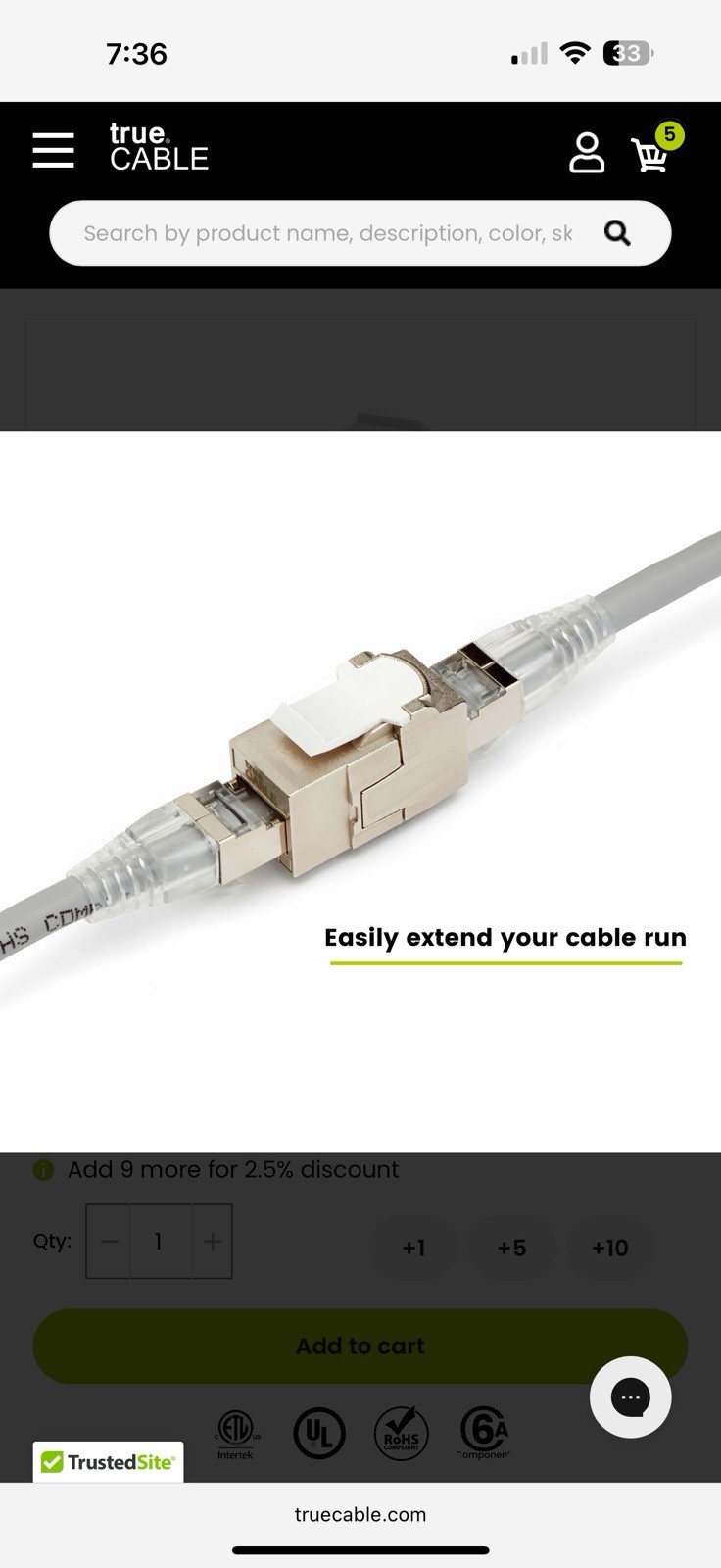 True Cable Cat6A Shielded Keystone Coupler | 12 Pieces