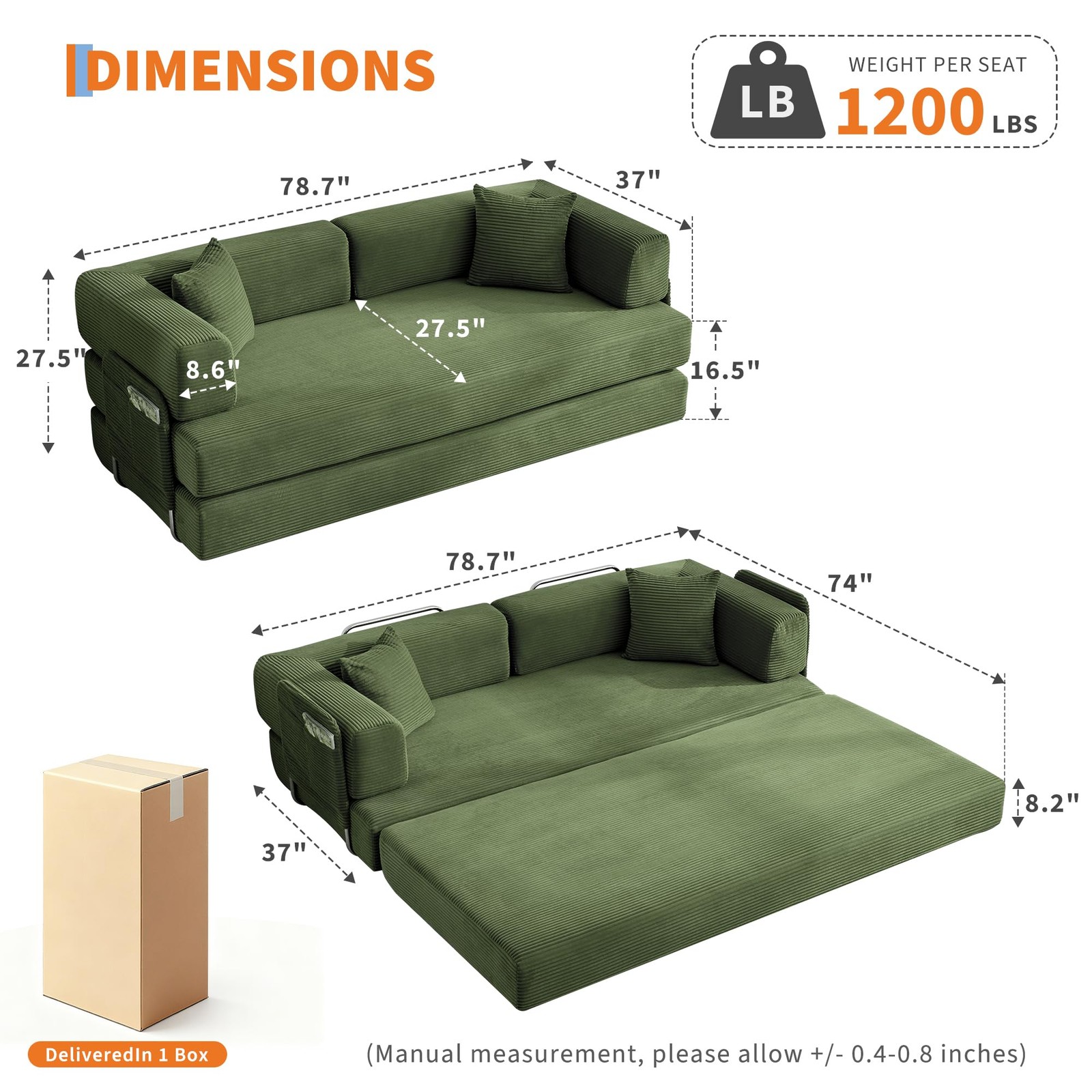 5-in-1 Folding 78.8" Convertible Sleeper Sofa Bed w/ Fixed-Shape Frame, Pillow