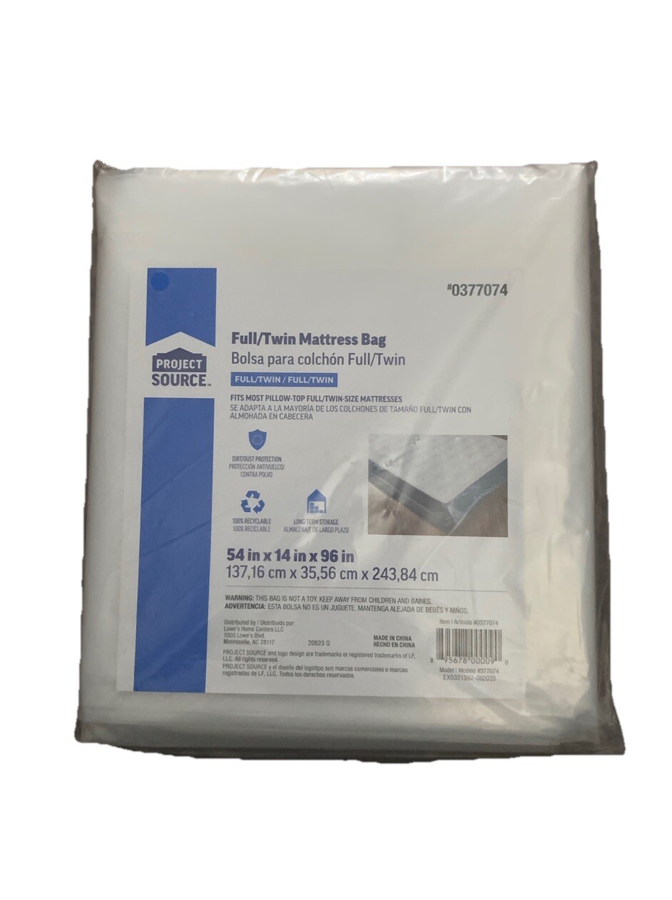 Project Source Full/Twin Clear Mattress Bag #0377074. 54x14x96in. Brand New