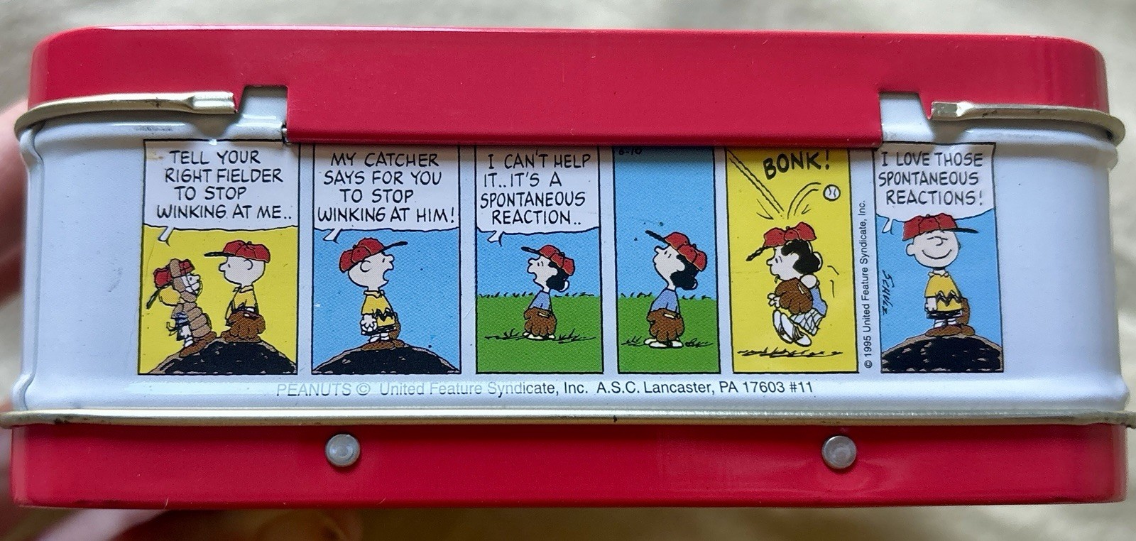 Peanuts Metal Lunchbox Baseball Theme Red Comic Strip Design