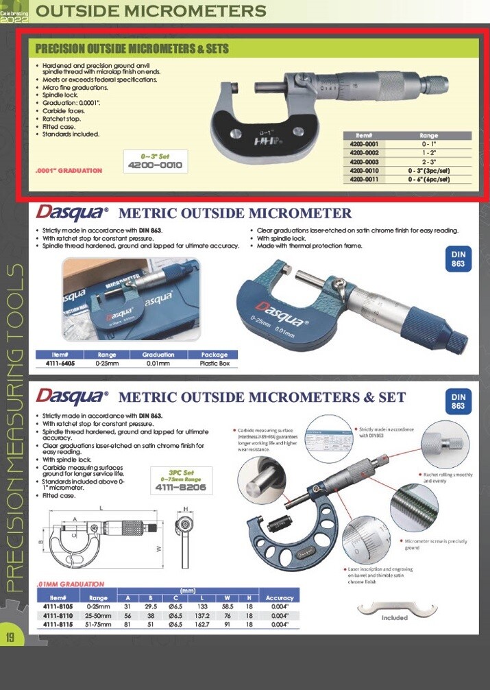 0-3" 3 PIECE PRECISION OUTSIDE MICROMETER SET (4200-0010)