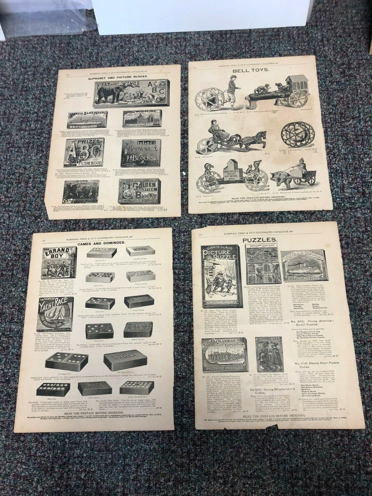 1892 Antique Catalog  Toys, Board Games and blocks Illustrations 4 Originals
