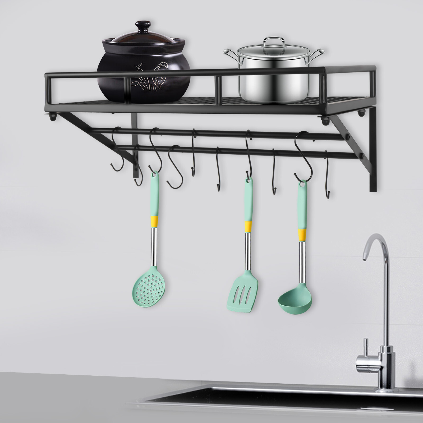 24.8 Inch Pot Rack Wall Mounted Pots & Pans Organizer w/ 2 Rails & 10 Hooks US