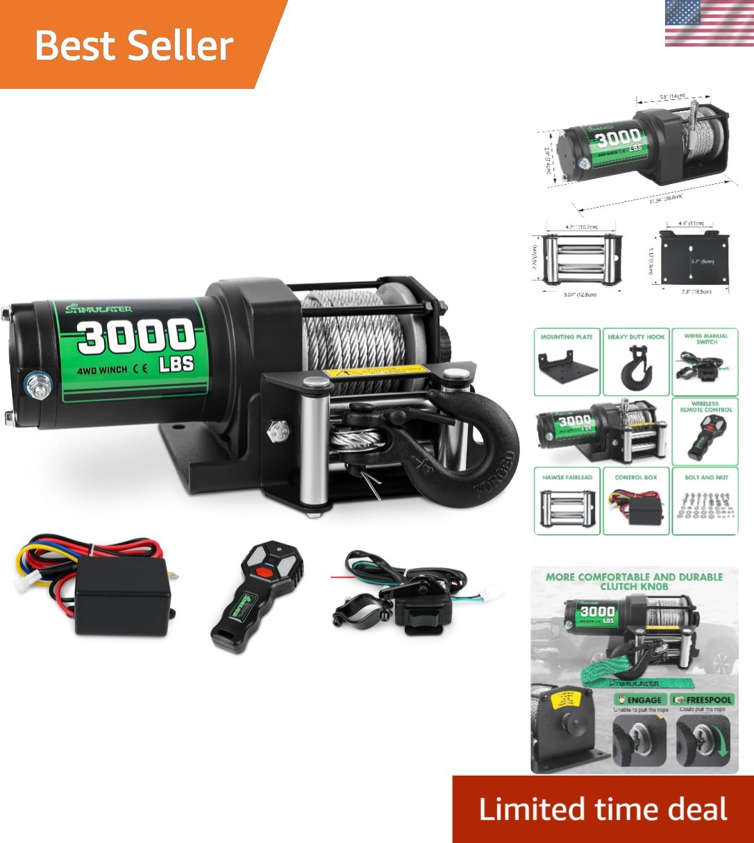 ATV Winch 3000lbs with Remote and Synthetic Rope - Reliable for Tough Conditions