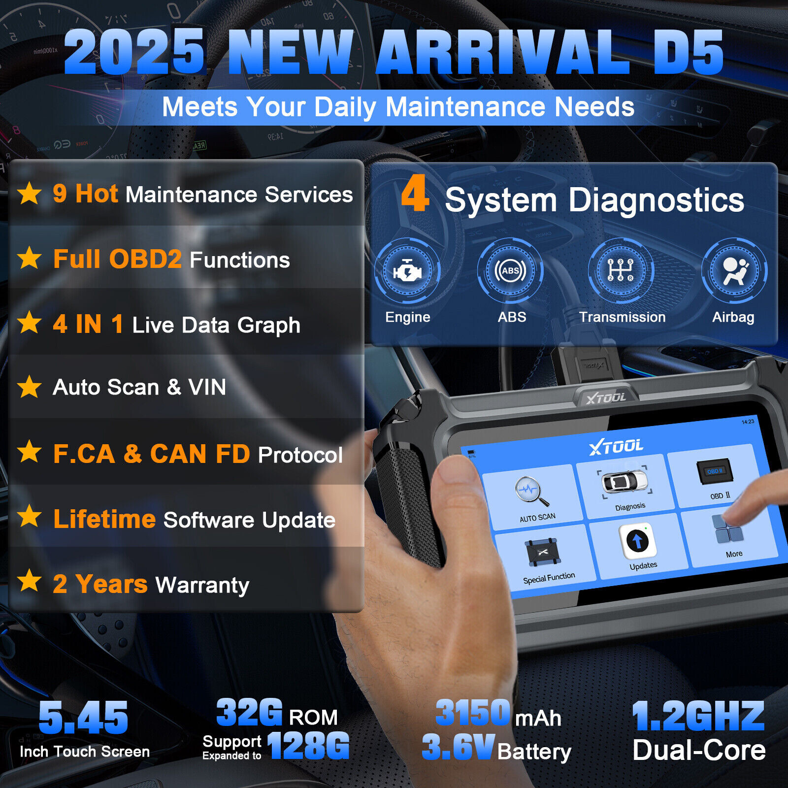 NEW XTOOL D5 Car OBD2 Scanner TCM ABS SRS Engine Code Reader Diagnostic Tool FCA