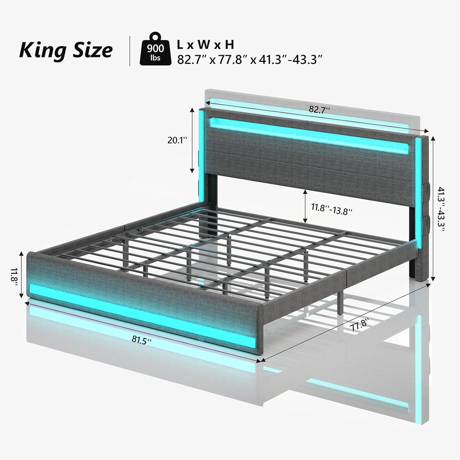 King Size Bed Frame and Adjustable Headboard, Light up King Size Platform Bed Fr