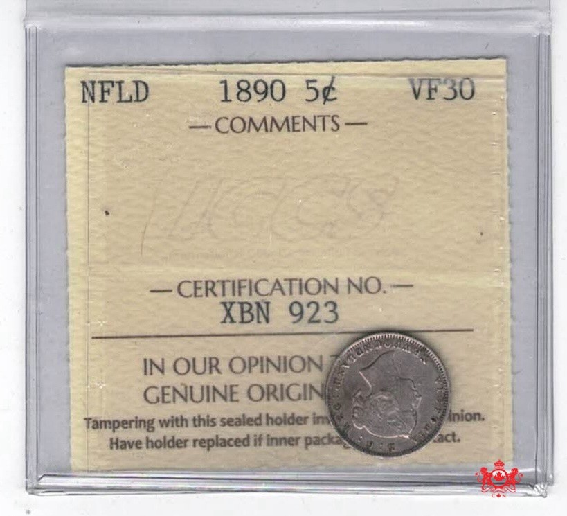 1890 Newfoundland 5 Cents - ICCS VF30 - XBN 923