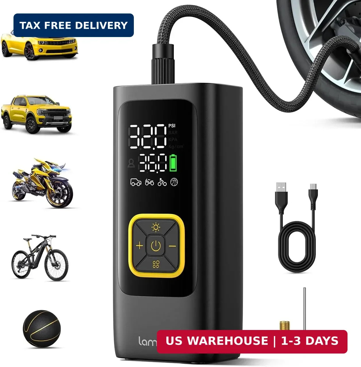 Car Tire Inflator Portable Air Compressor - Lamicall [4X Faster][150 PSI] Bike A