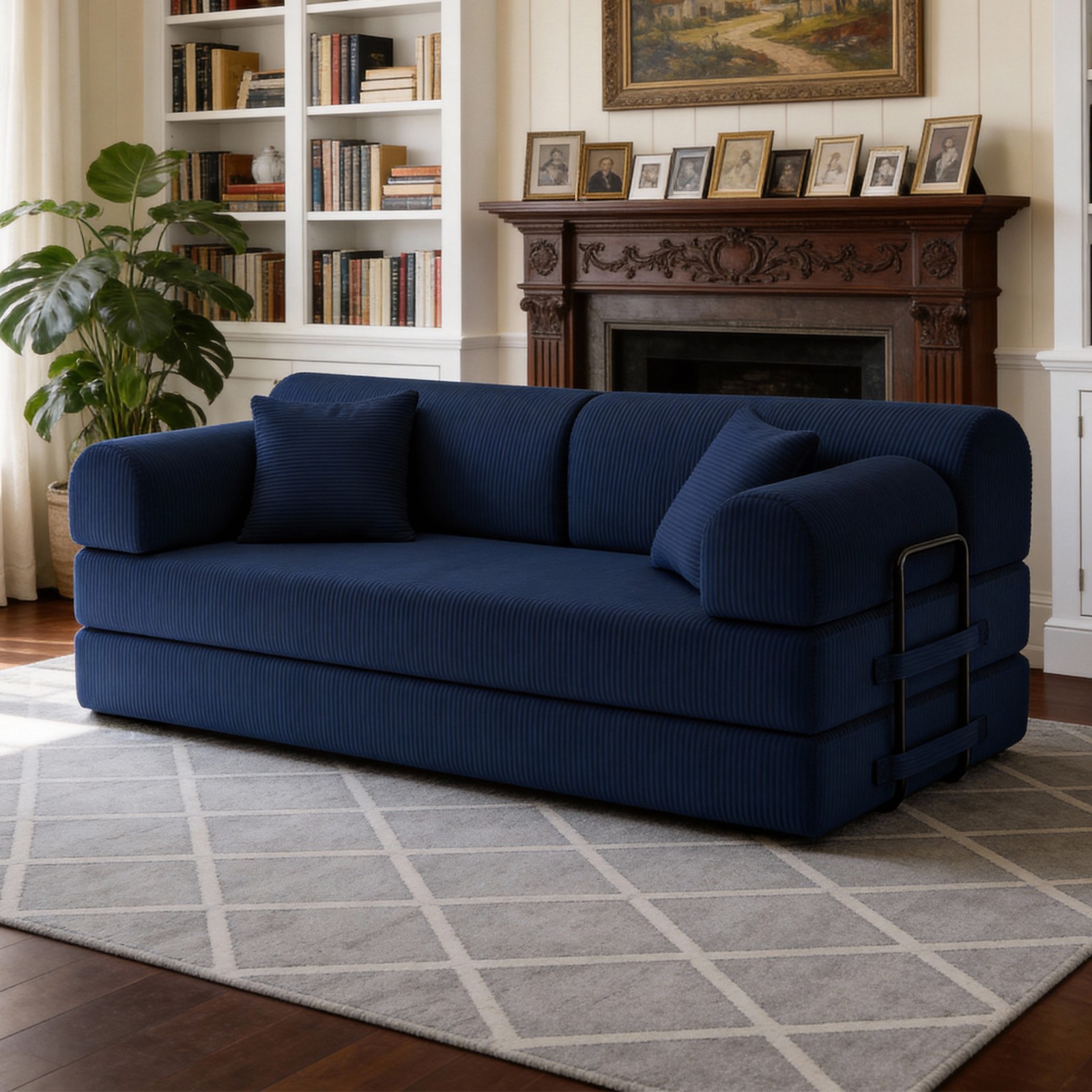 Corduroy Convertible Sleeper Sofa Bed, 3-Seat Folding Couch, Blue