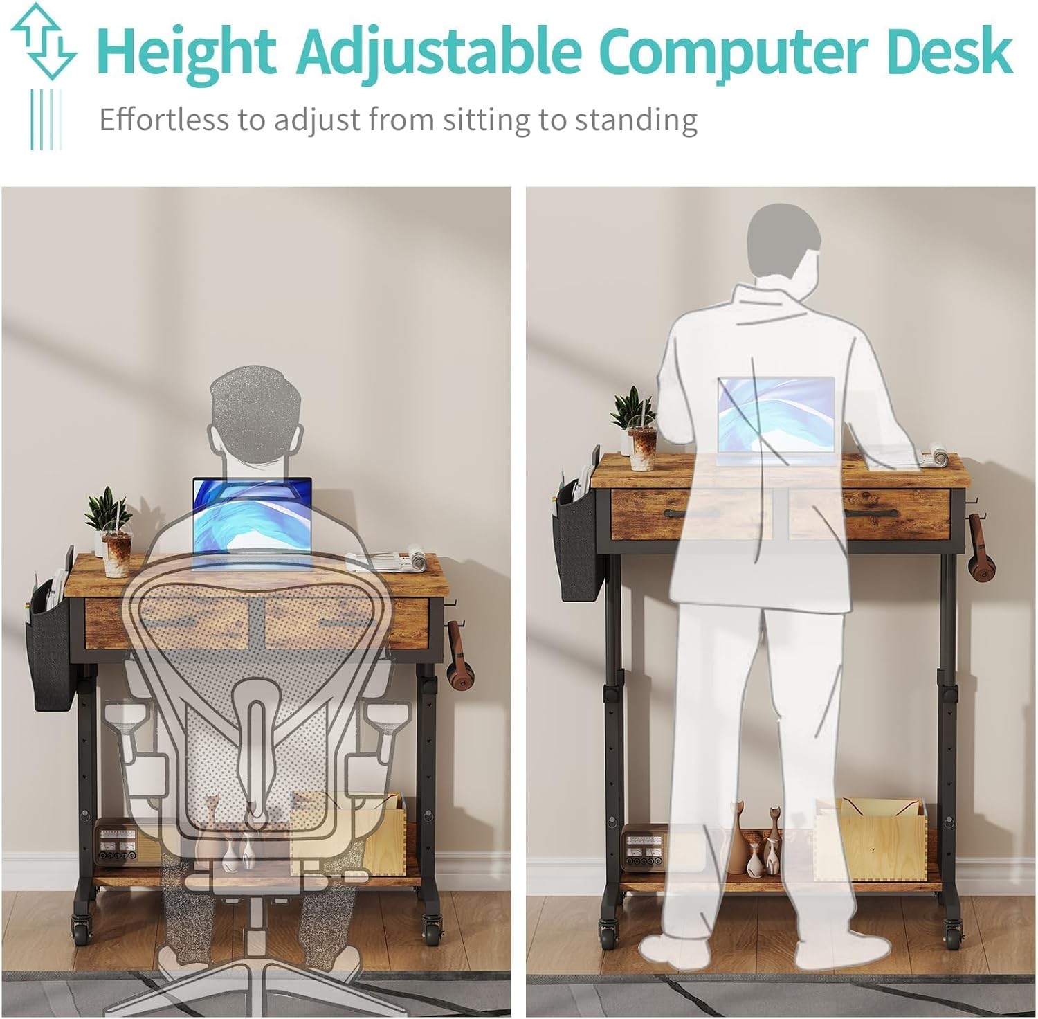 Small Portable Standing Rolling Desk 32 Inch Adjustable Mobile Stand Up Teacher
