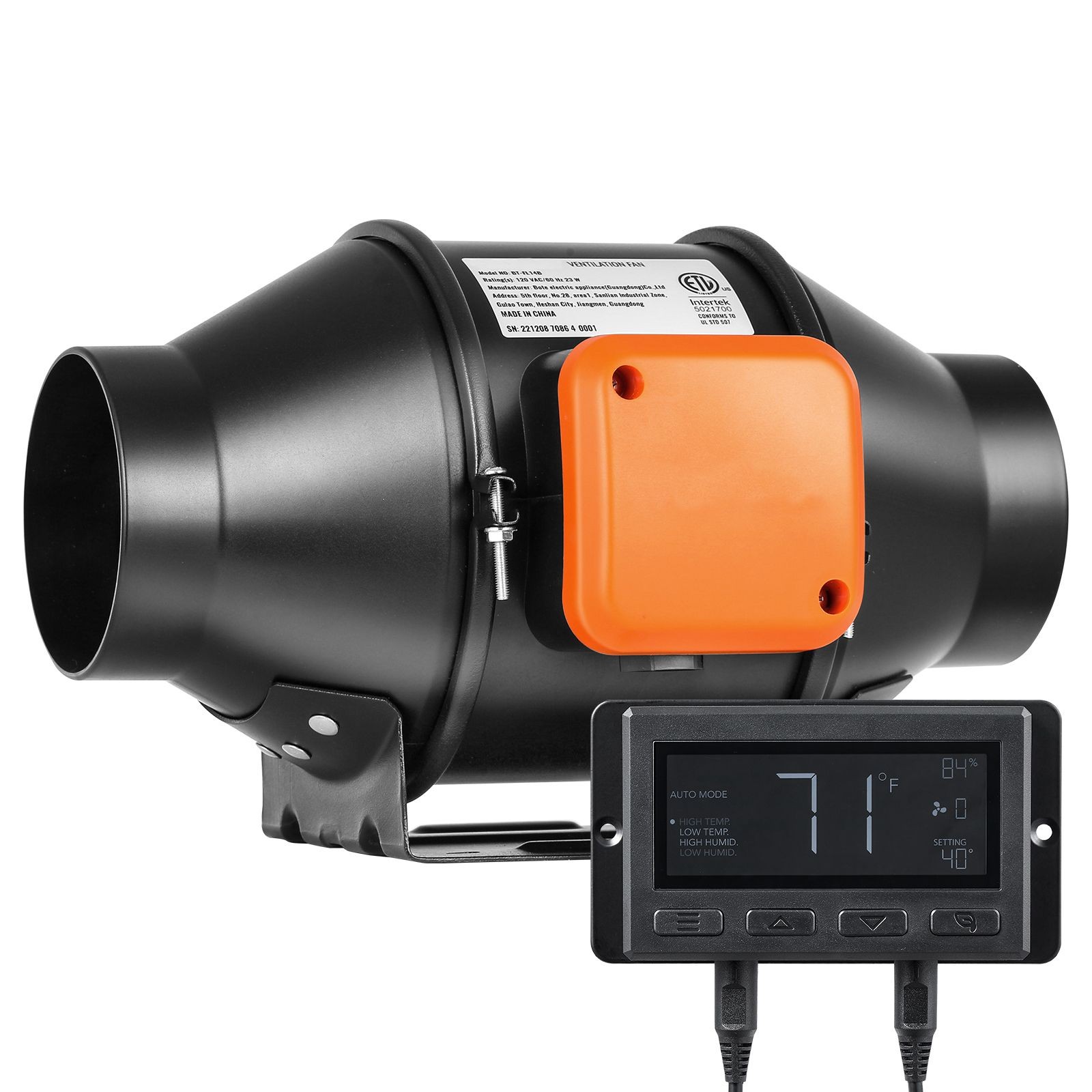 4in 205 CFM Inline Duct Fan EC Motor with Temp Humidity Controller