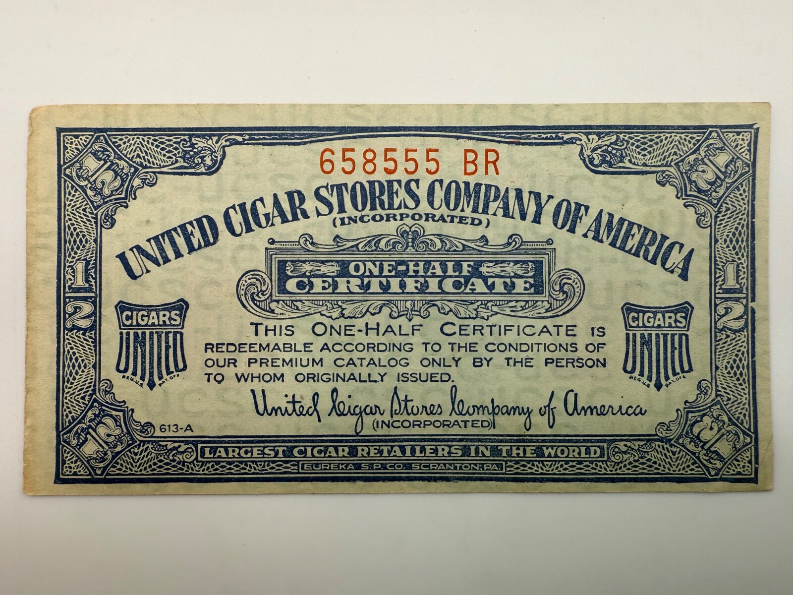 1904 United Cigar Stores Company of America 1/2 Certificate (SN: 658555 BR) #5