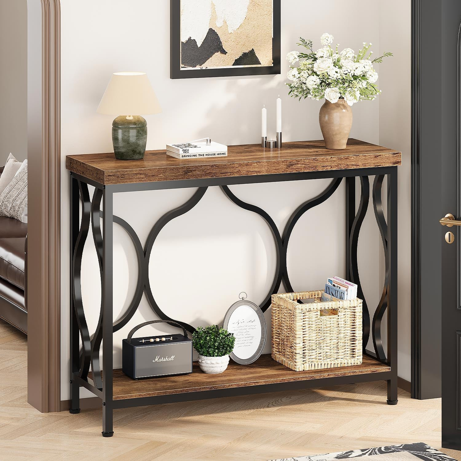 39.4" Console Sofa Table, Farmhouse Entryway Table Hallway Rustic Brown | Indust